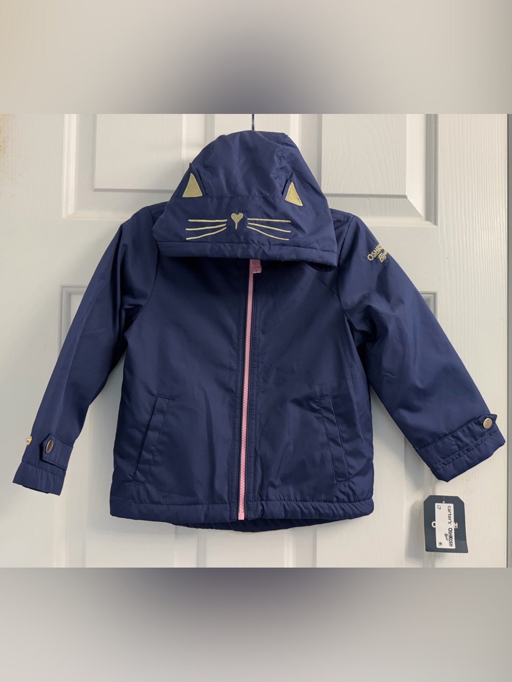 OshKosh B'gosh Navy Hooded Cat Rain Jacket with Pink Zipper (4T)
